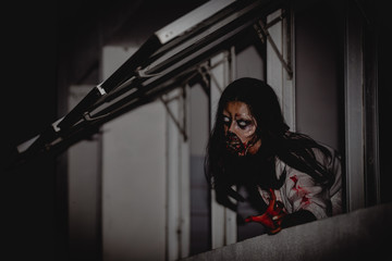 Portrait of asian woman make up ghost face with blood,Horror scene,Scary background,Halloween...