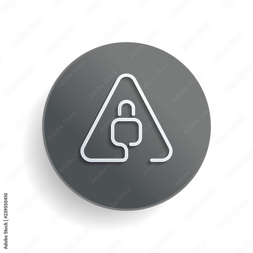 Poster lock in warning triangle. linear icon with thin outline. one line style. white paper symbol on gray 