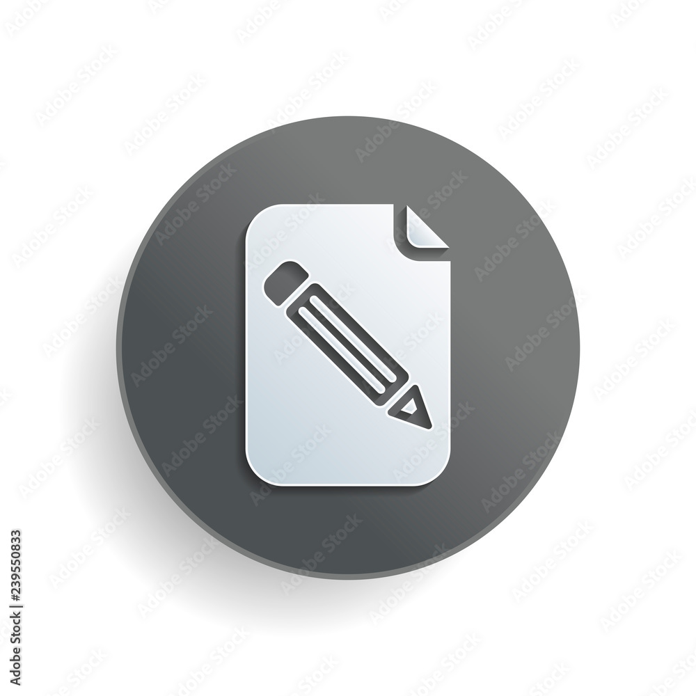 Poster paper and pencil icon. white paper symbol on gray round button or badge with shadow