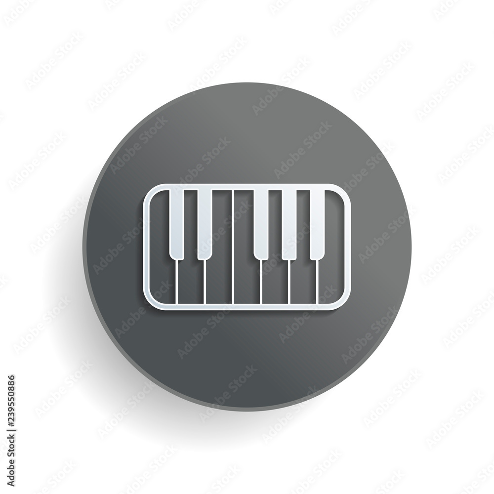 Aufkleber piano keyboard icon. white paper symbol on gray round button or badge with shadow
