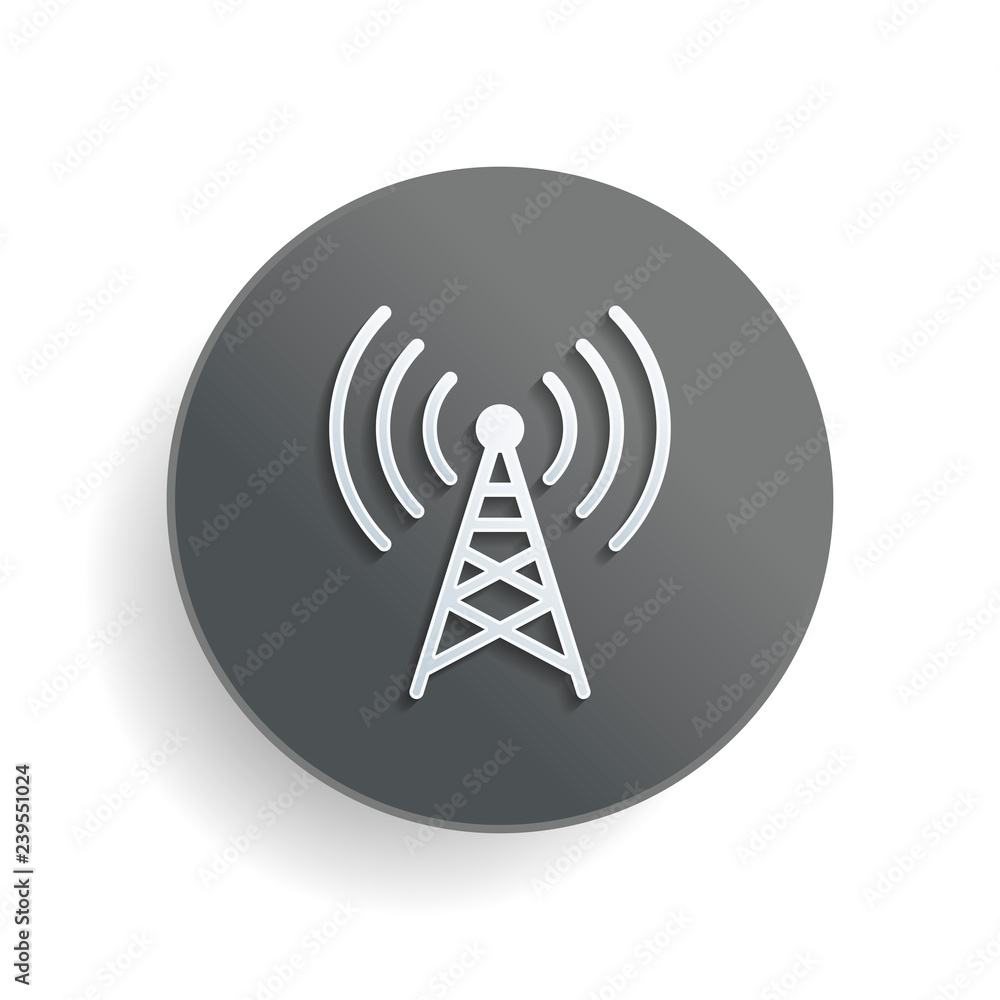 Poster radio tower icon. linear style. white paper symbol on gray round button or badge with shadow