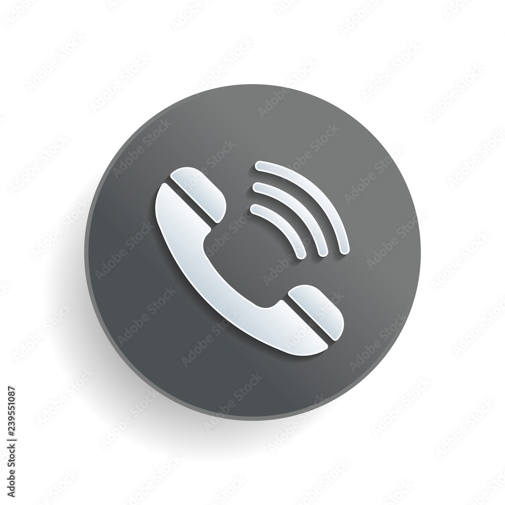 Poster ringing phone icon. retro symbol. white paper symbol on gray round button or badge with shadow