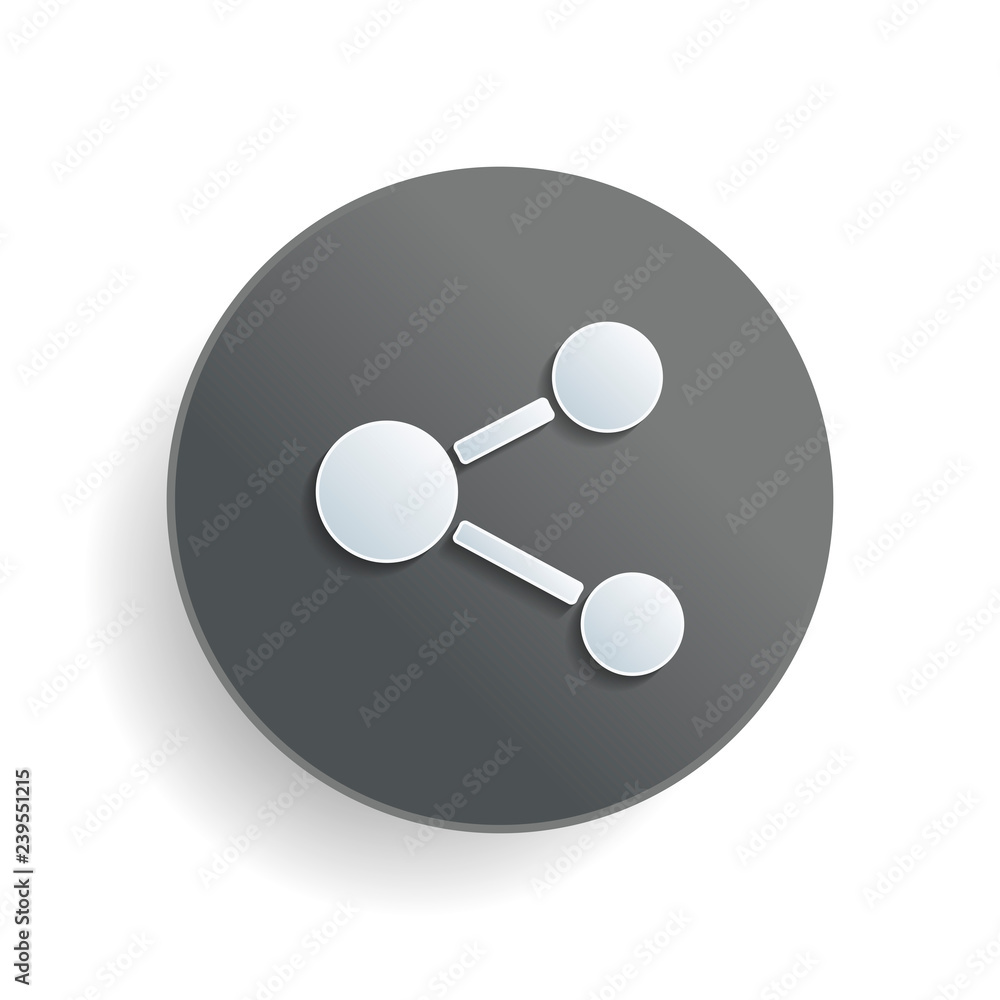 Poster simple share icon. white paper symbol on gray round button or badge with shadow