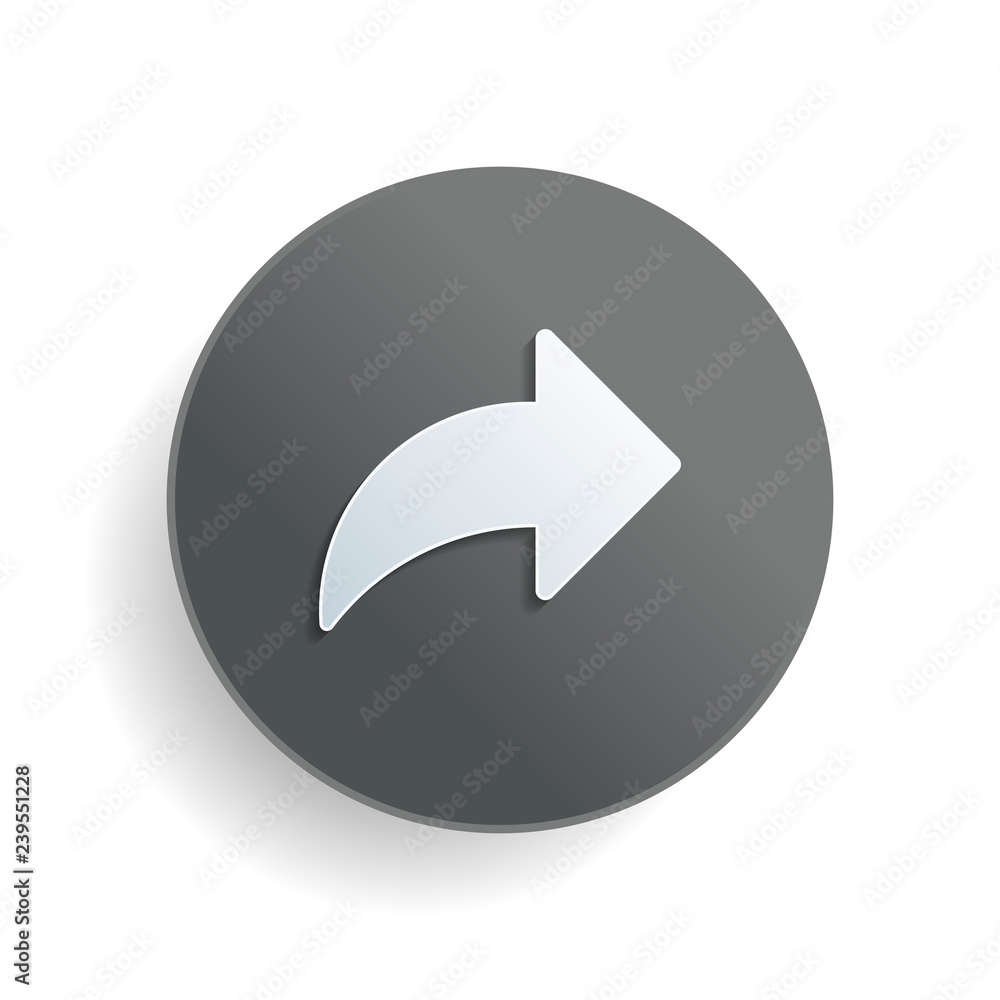Aufkleber share icon with arrow. white paper symbol on gray round button or badge with shadow
