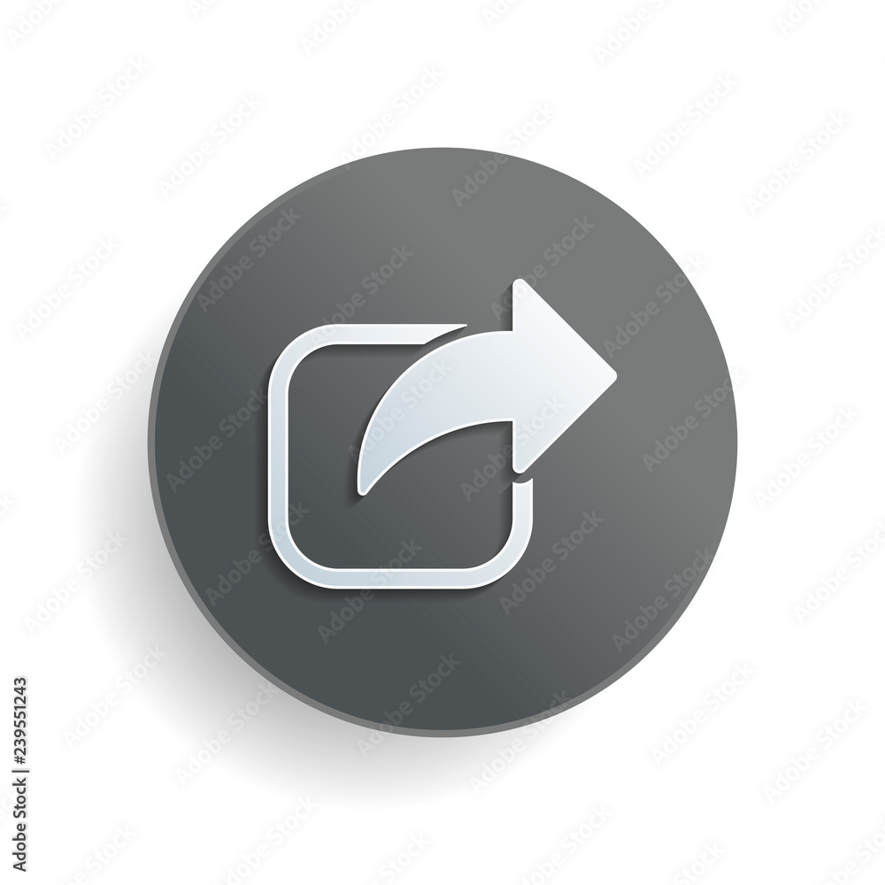 Aufkleber share icon. arrow and square. white paper symbol on gray round button or badge with shadow