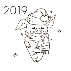 Cute pig illustration for coloring book. 2019 Vector