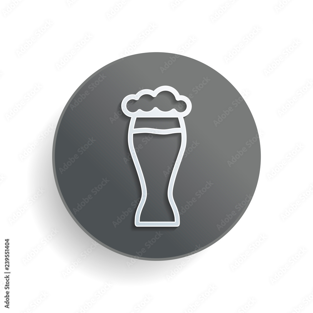 Poster beer glass. simple linear icon with thin outline. white paper symbol on gray round button or badge w