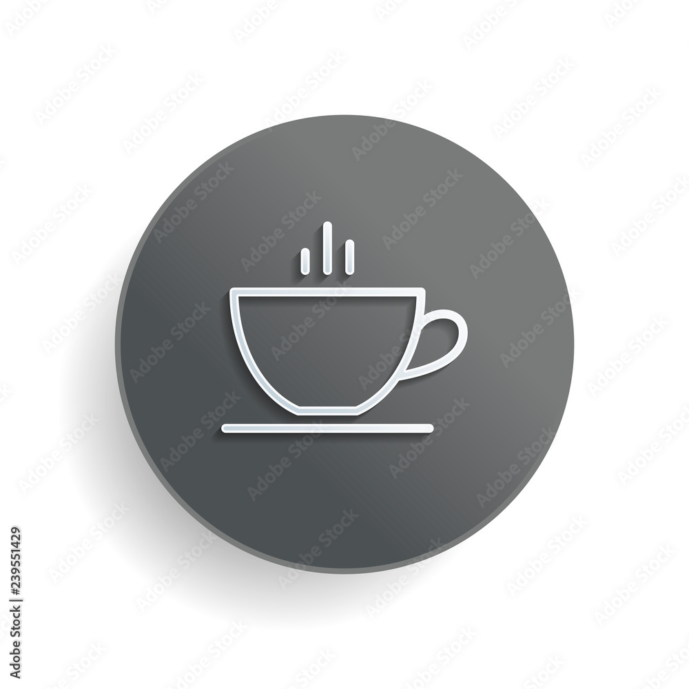 Poster simple cap of coffee or tea. linear icon with thin outline. white paper symbol on gray round button 
