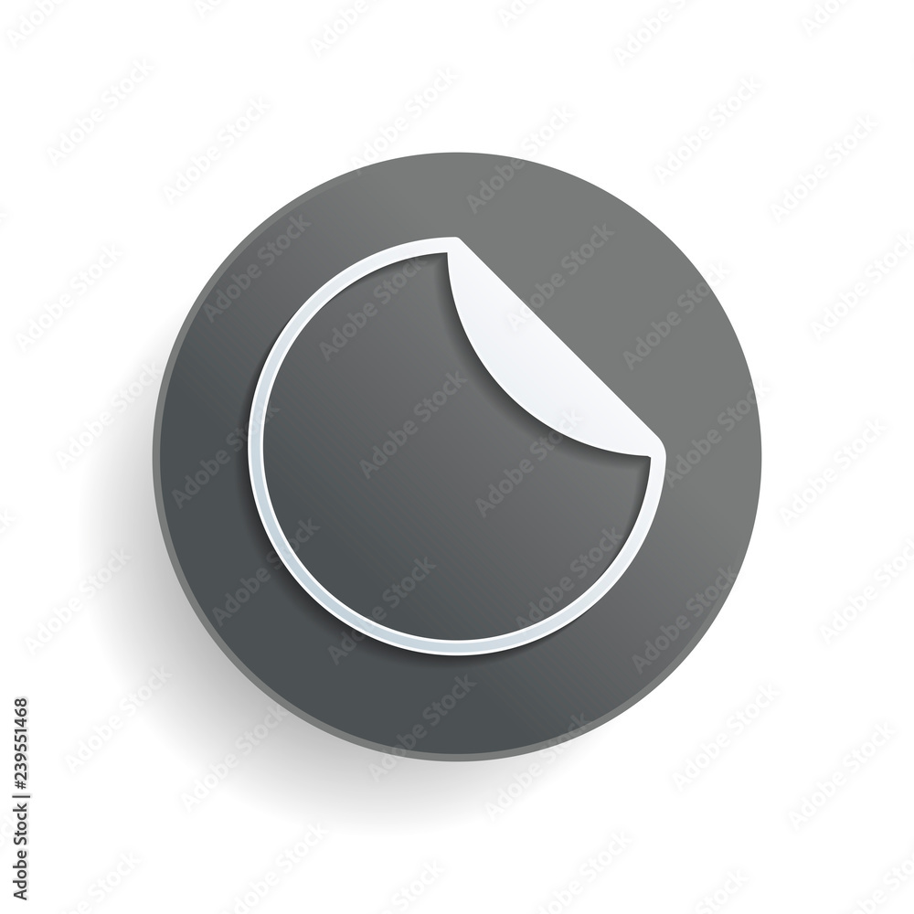 Poster round sticker with bent edge. white paper symbol on gray round button or badge with shadow
