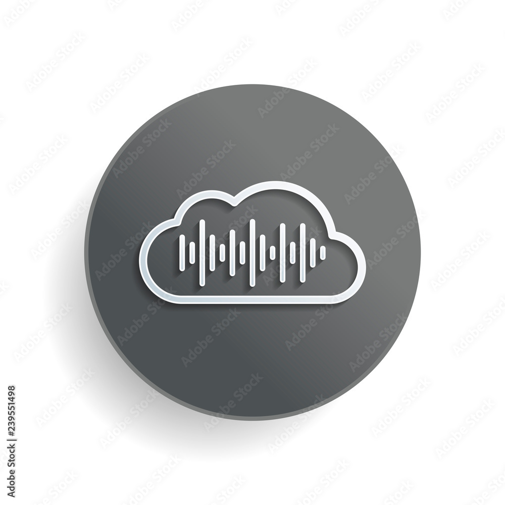 Poster simple icon with cloud and sound equalizer wave. thin outline. white paper symbol on gray round butt