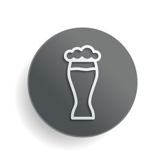 Beer glass. Simple linear icon with thin outline. White paper symbol on gray round button or badge with shadow