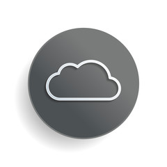 Simple cloud. Linear symbol with thin outline. White paper symbol on gray round button or badge with shadow