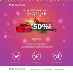 Pink website template with Valentine's Day design with gift and flowers