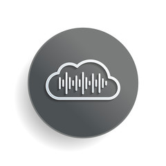 Simple icon with cloud and sound equalizer wave. Thin outline. White paper symbol on gray round button or badge with shadow