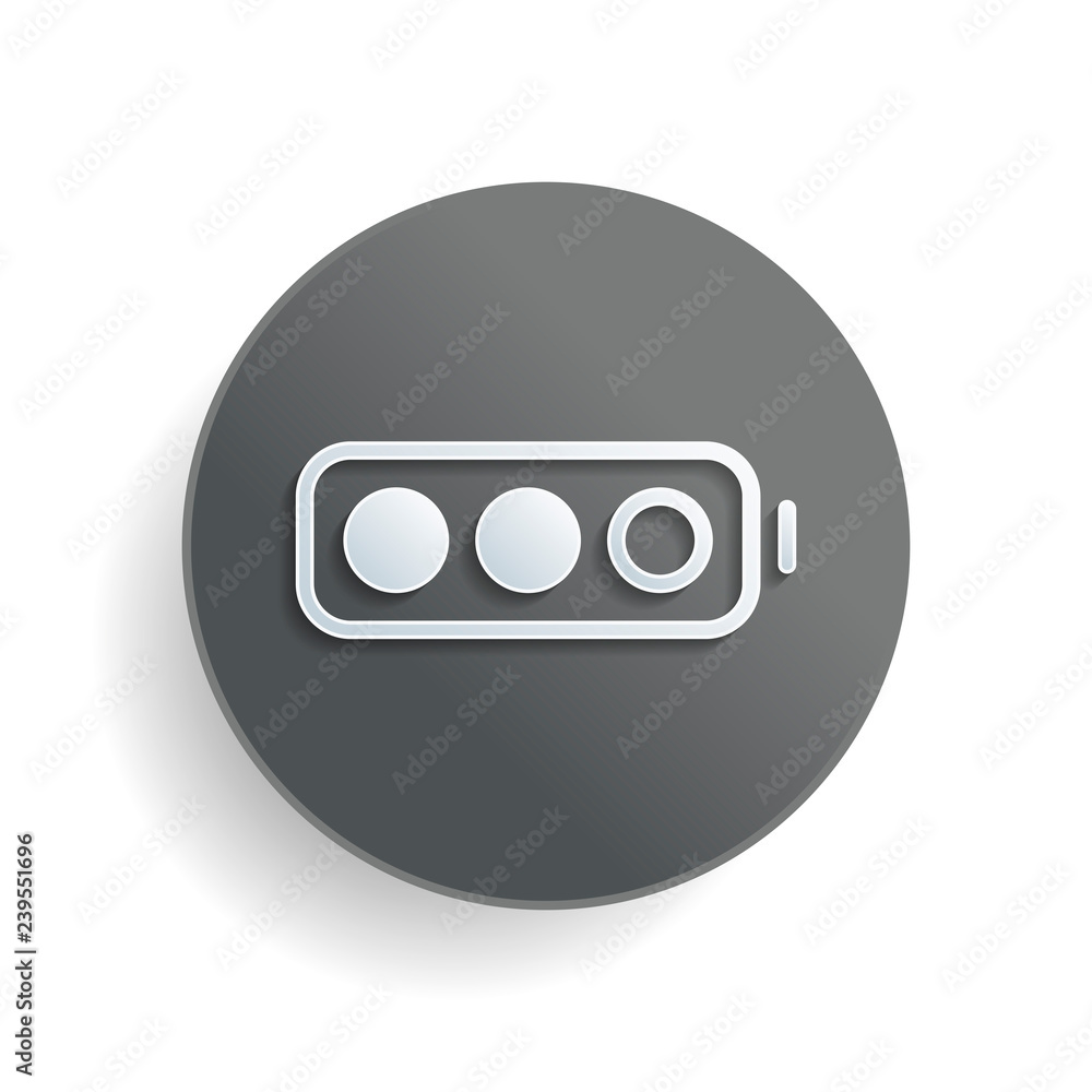 Poster simple battery, half level. white paper symbol on gray round button or badge with shadow