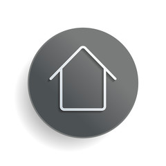 Simple house icon. Linear symbol, thin outline. White paper symbol on gray round button or badge with shadow