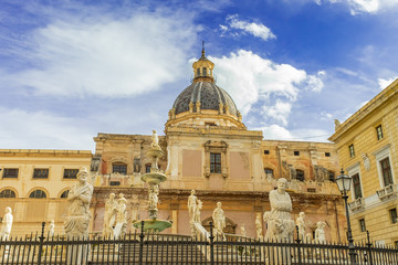 Famous fountain of shame on baroque Piazza Pretoria, Palermo, Sicily