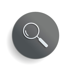 Loupe, search or magnifying. Linear icon, thin outline. White paper symbol on gray round button or badge with shadow