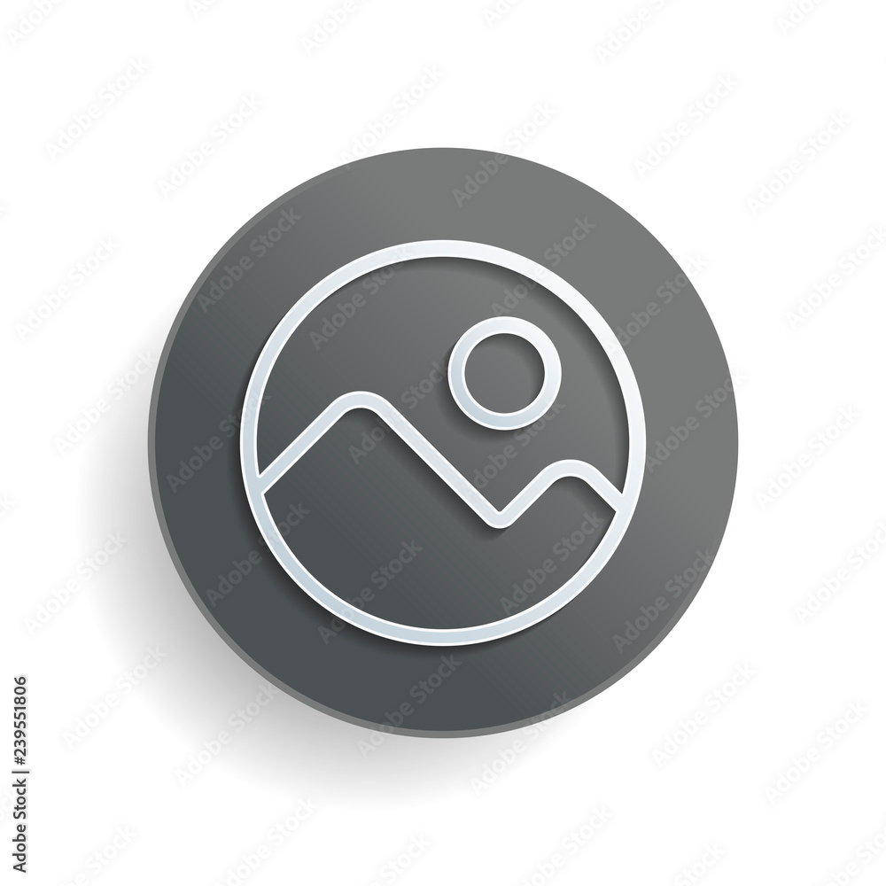 Aufkleber simple picture icon. linear symbol, thin outline. white paper symbol on gray round button or badge w