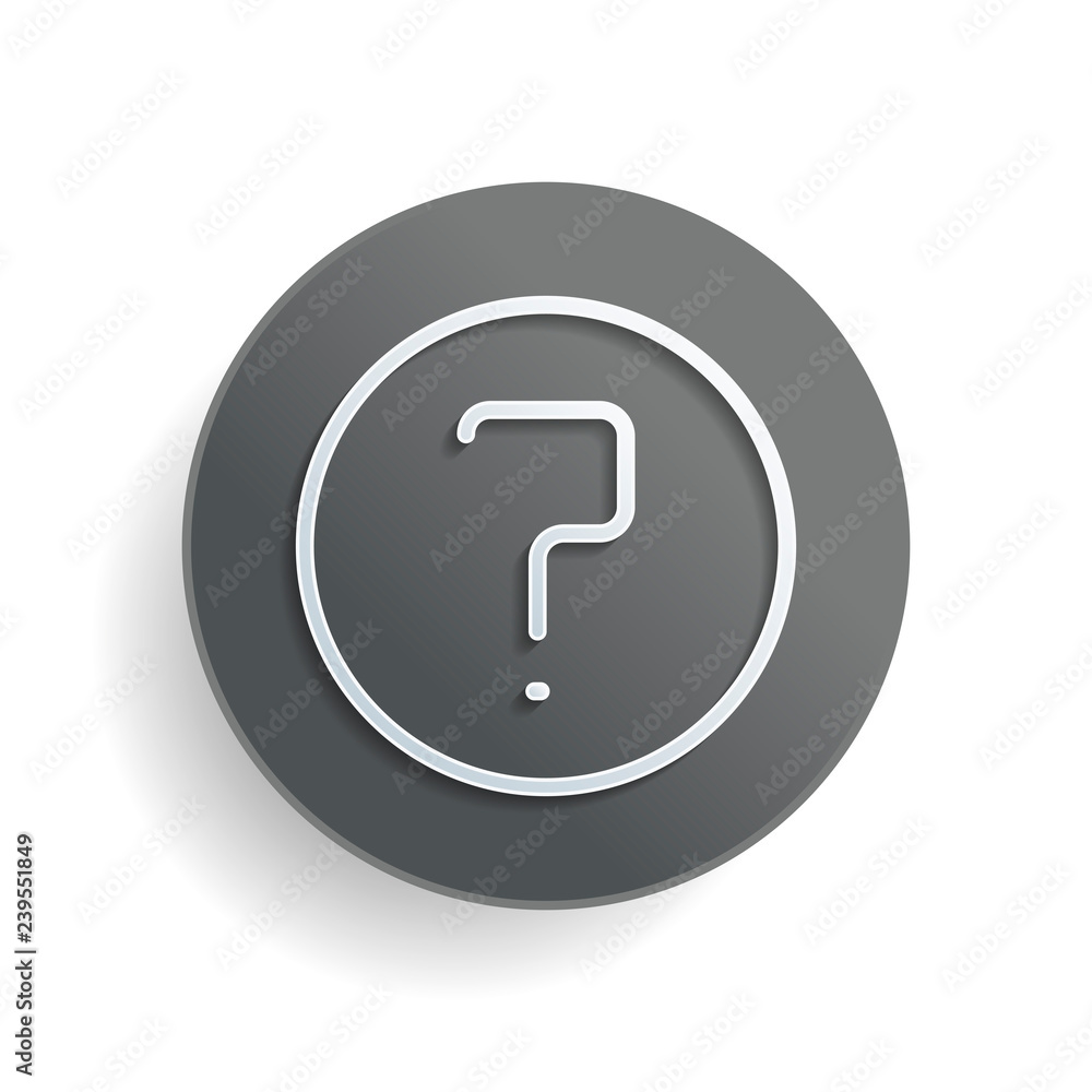 Poster simple question in circle. linear, thin outline. white paper symbol on gray round button or badge wi
