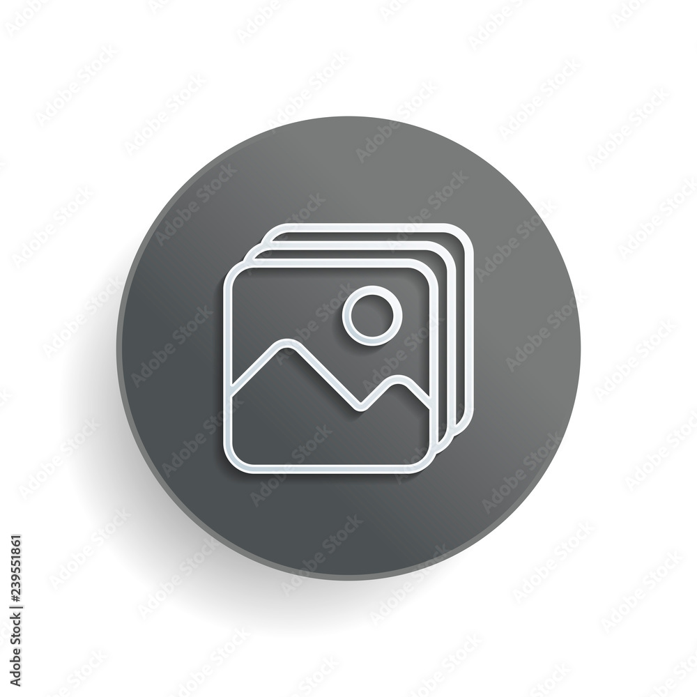 Aufkleber simple stack of pictures. white paper symbol on gray round button or badge with shadow