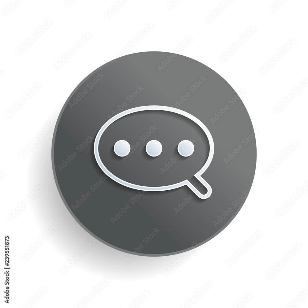 Poster simple text cloud. linear, thin outline. white paper symbol on gray round button or badge with shado
