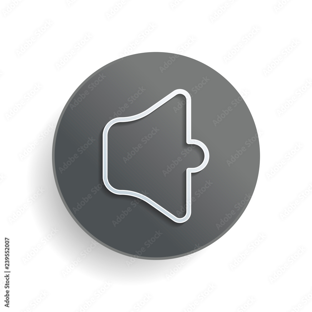 Poster simple volume mute. linear, thin outline. white paper symbol on gray round button or badge with shad