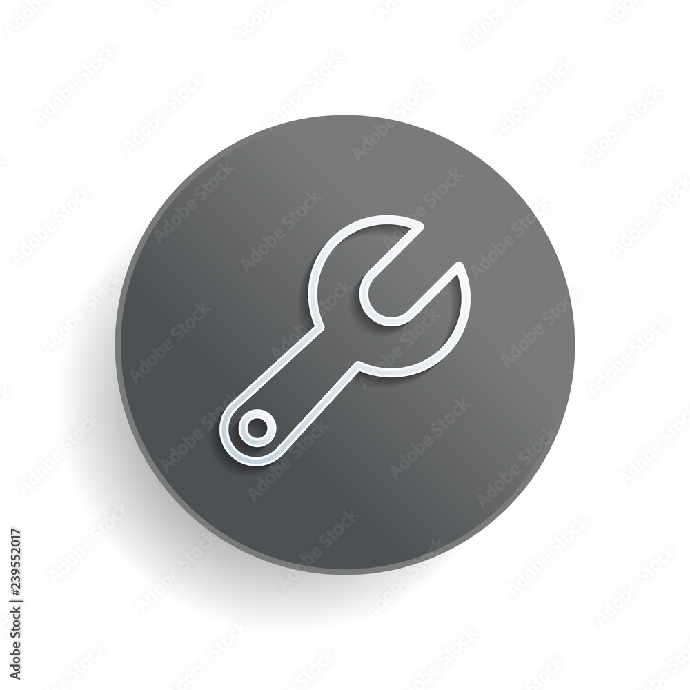 Aufkleber simple wrench. linear, thin outline. white paper symbol on gray round button or badge with shadow