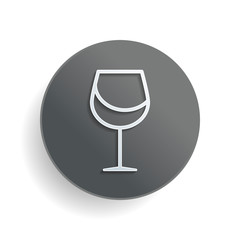 Wine glass. Linear, thin outline. White paper symbol on gray round button or badge with shadow