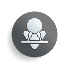 Male speaker icon. White paper symbol on gray round button or badge with shadow