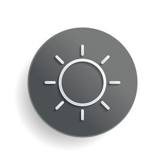 Sun icon. Linear, thin outline. White paper symbol on gray round button or badge with shadow