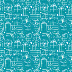 Seamless pattern with white doodle gift boxes on blue background. Can be used for wallpaper, pattern fills, textile, web page background, surface textures.