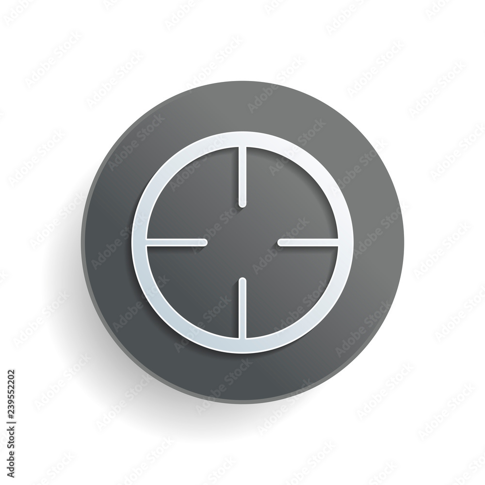 Poster simple target icon. white paper symbol on gray round button or badge with shadow