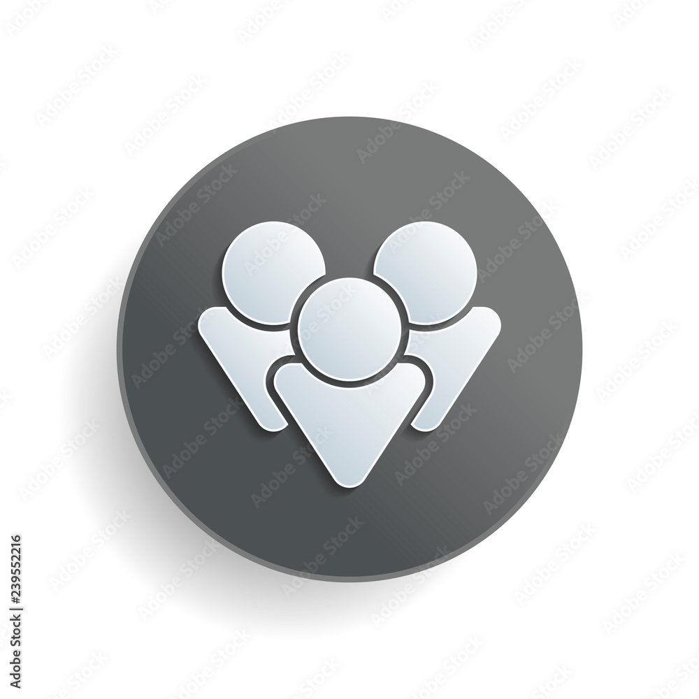 Poster team group icon. white paper symbol on gray round button or badge with shadow