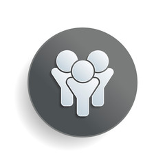 Team group icon. White paper symbol on gray round button or badge with shadow
