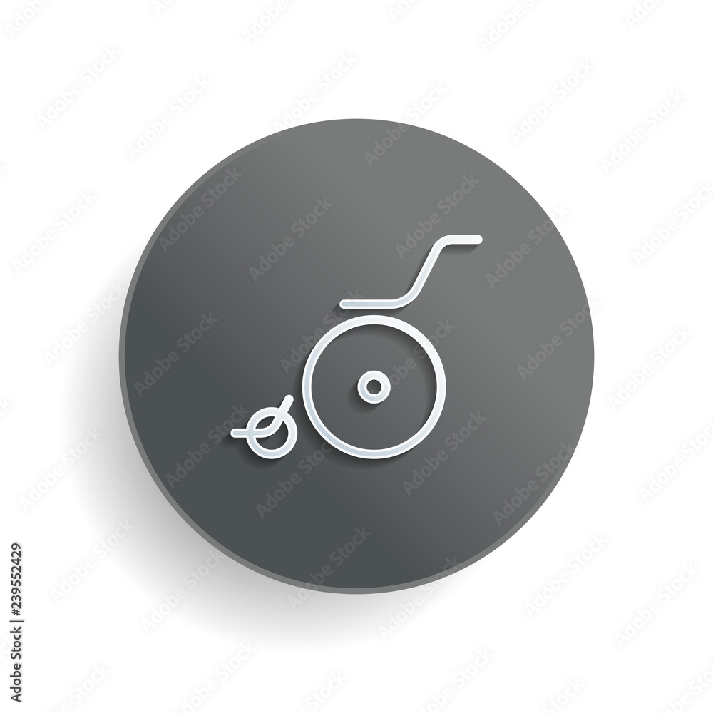 Poster wheelchair. linear, thin outline. white paper symbol on gray round button or badge with shadow
