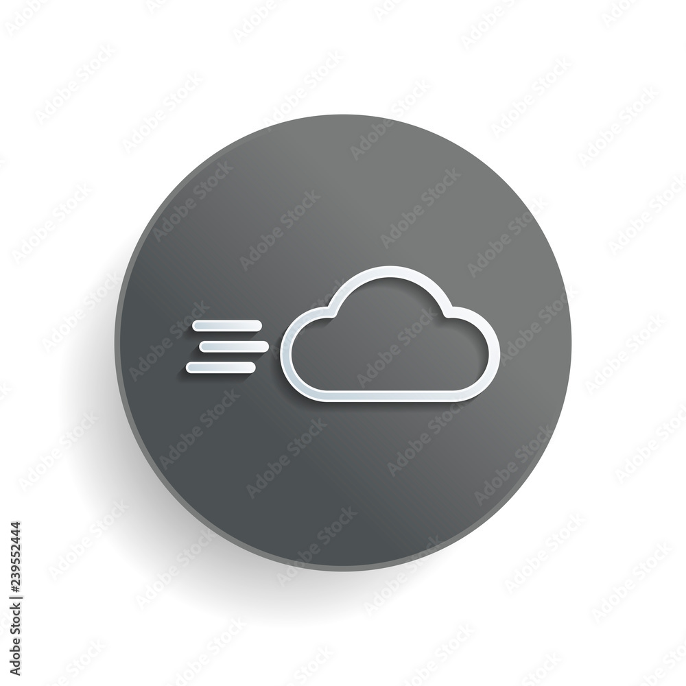 Poster windy icon. linear, thin outline. white paper symbol on gray round button or badge with shadow