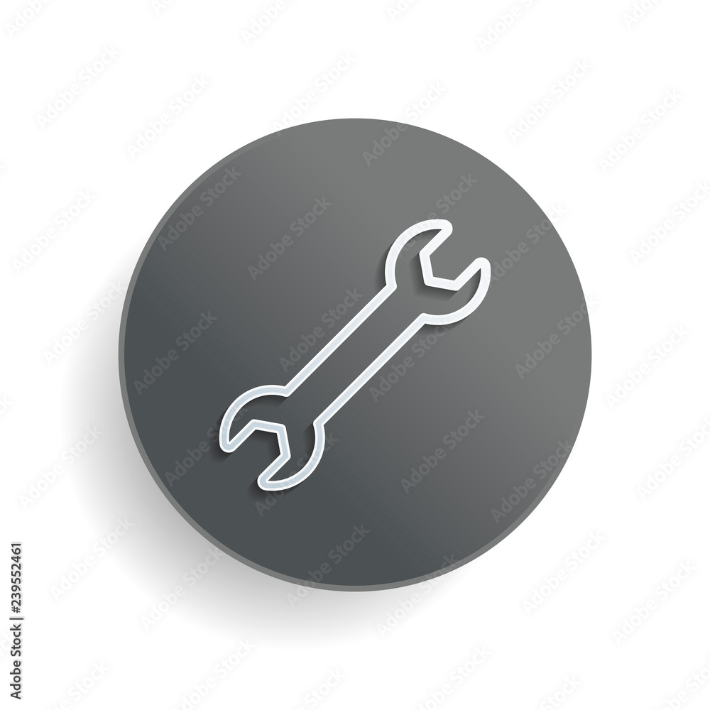 Aufkleber wrench. linear, thin outline. white paper symbol on gray round button or badge with shadow