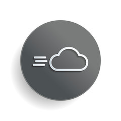 Windy icon. Linear, thin outline. White paper symbol on gray round button or badge with shadow