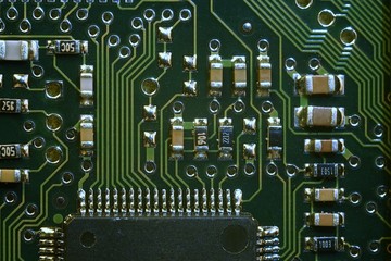 Green PCB close up microcircuit macro, Circuit board