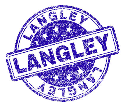 LANGLEY stamp seal imprint with distress style. Designed with rounded rectangles and circles. Blue vector rubber print of LANGLEY label with corroded texture.
