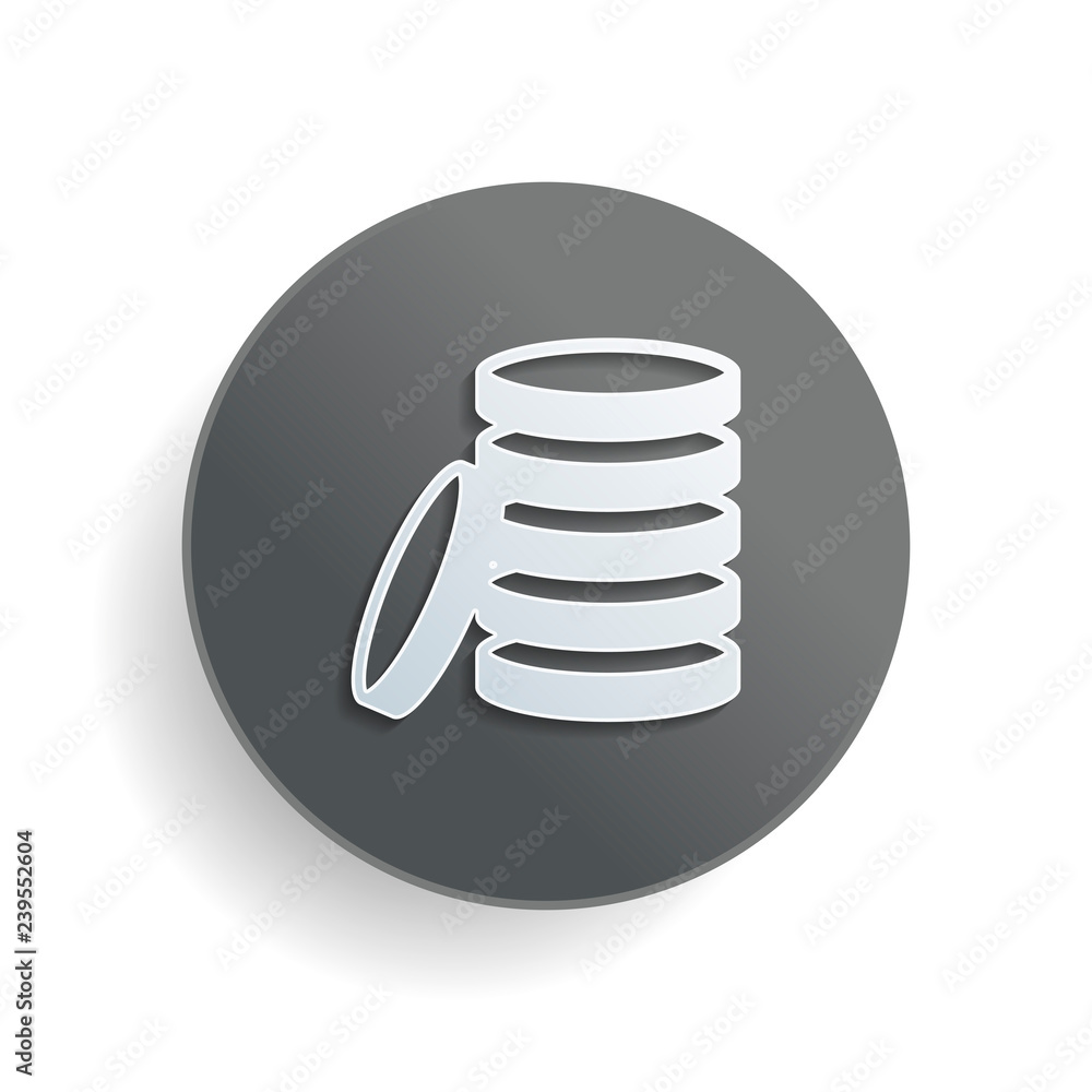 Poster coin stack icon. white paper symbol on gray round button or badge with shadow