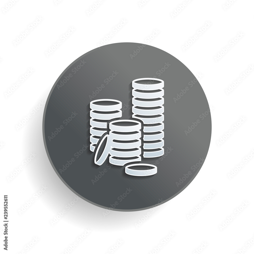 Poster coin stack icon. white paper symbol on gray round button or badge with shadow