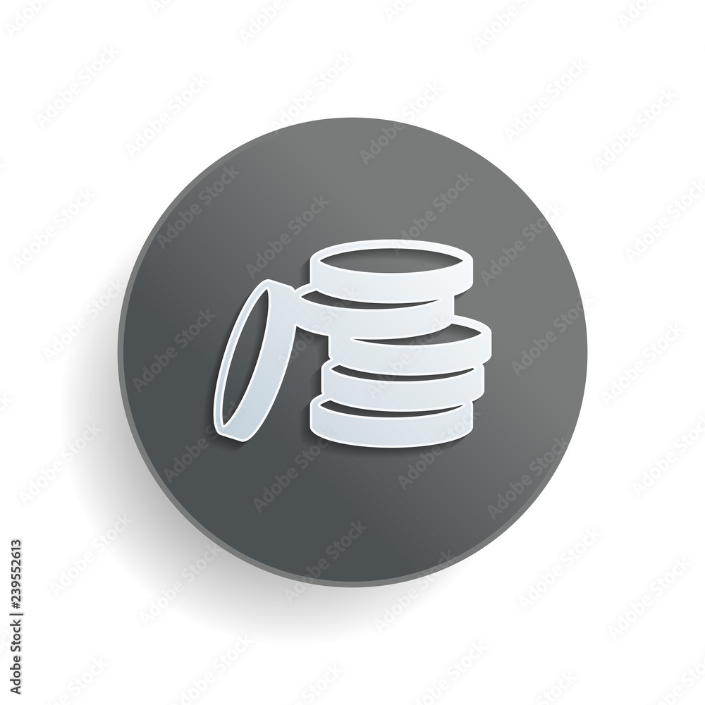 Poster coin stack icon. white paper symbol on gray round button or badge with shadow