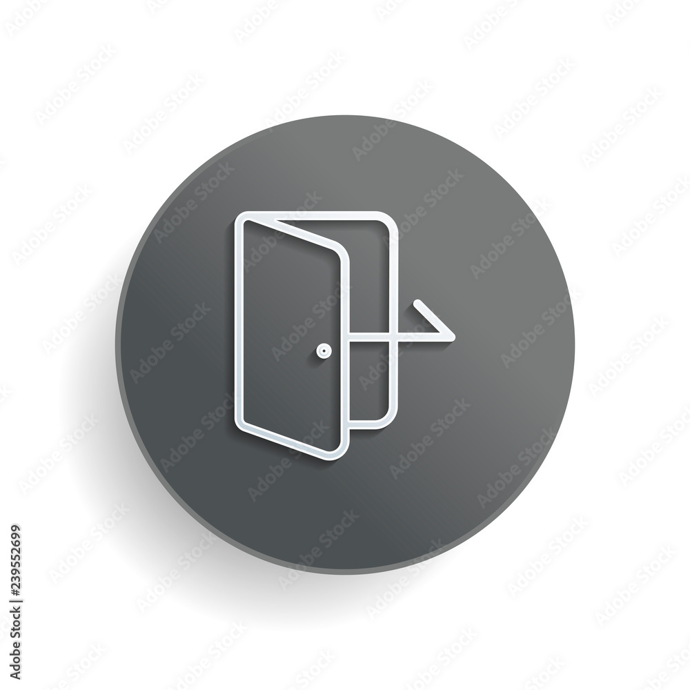 Poster exit icon. linear, thin outline. white paper symbol on gray round button or badge with shadow