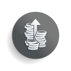 Coins stack, finance grow, up arrow. White paper symbol on gray round button or badge with shadow