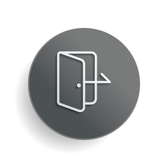 Exit icon. Linear, thin outline. White paper symbol on gray round button or badge with shadow