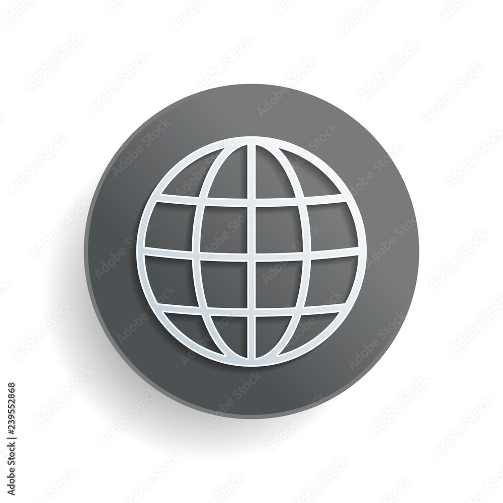 Poster simple globe icon. linear, thin outline. white paper symbol on gray round button or badge with shado