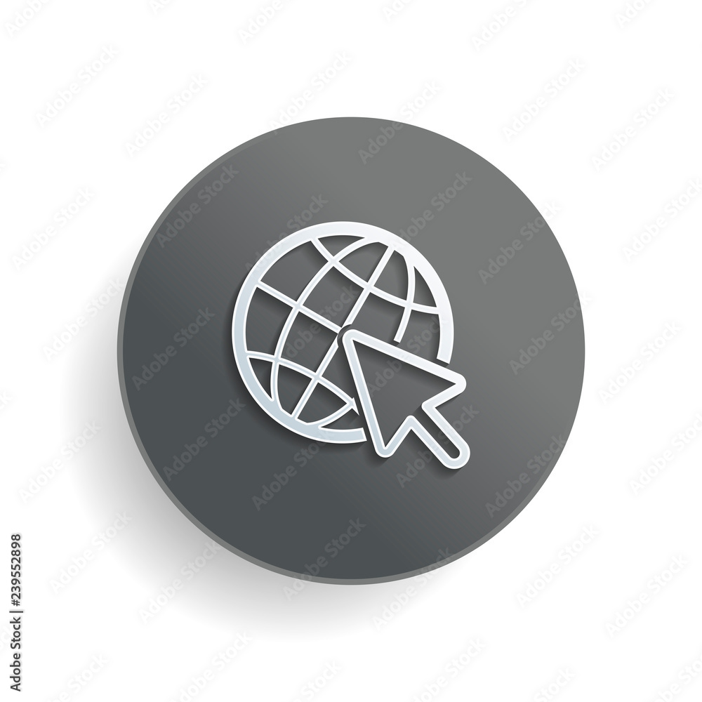 Poster globe and arrow icon. white paper symbol on gray round button or badge with shadow