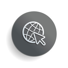 Globe and arrow icon. White paper symbol on gray round button or badge with shadow